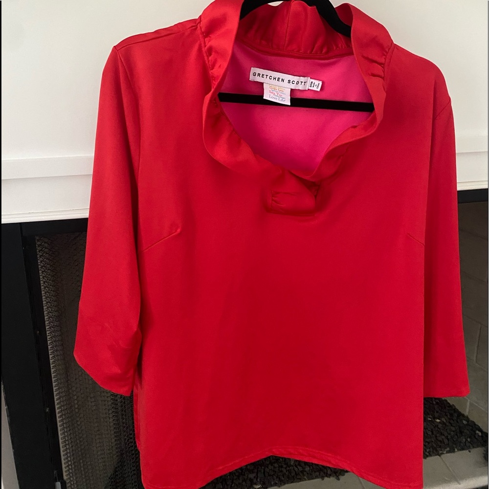 Gretchen Scott Red Ruffle Neck Top size Diva